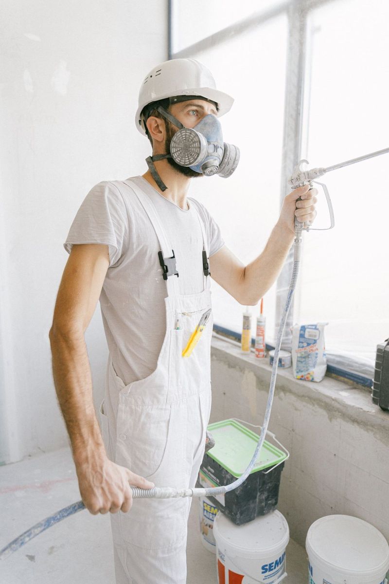 Technician in a respirator treating a wall